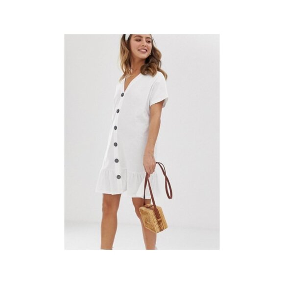 ASOS DESIGN button through slubby mini dress with pep hem White Size US 4 NWT - Picture 2 of 4
